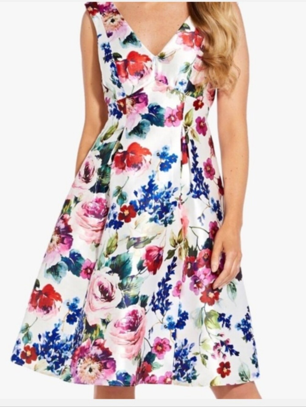 Wedding Guest Floral Mikado V-Neck Sleeveless Fit & Flare Dress 12